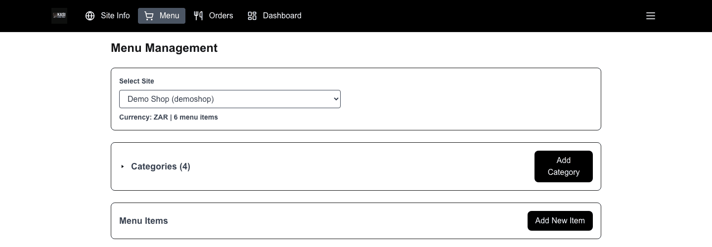 Menu management screen
